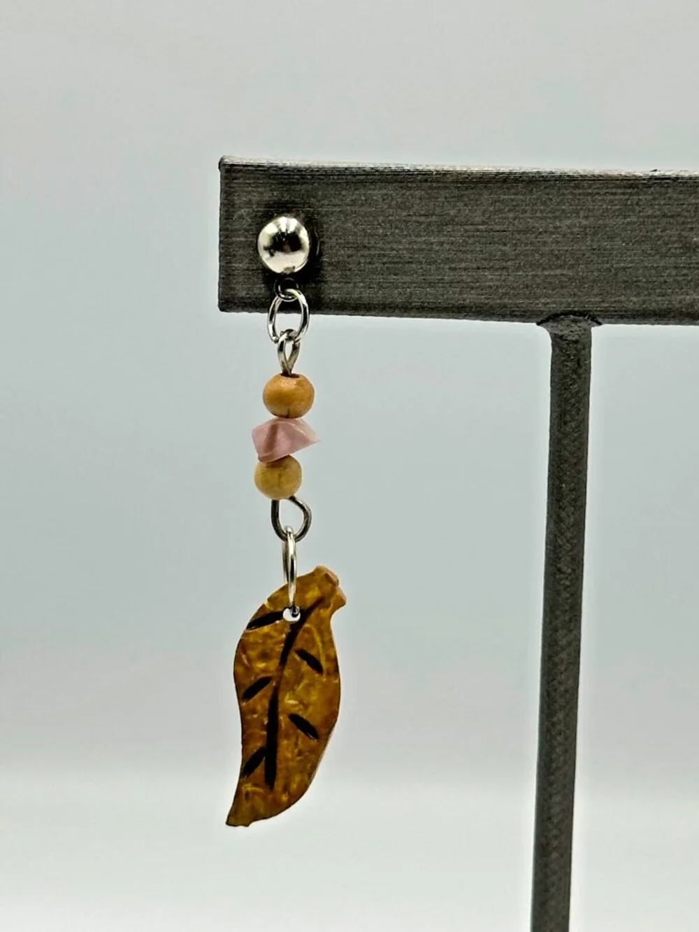 3/$30 Leaf Carved Earrings Wood Beads Dangle Boho Natural Earth Tone Pierced 2
